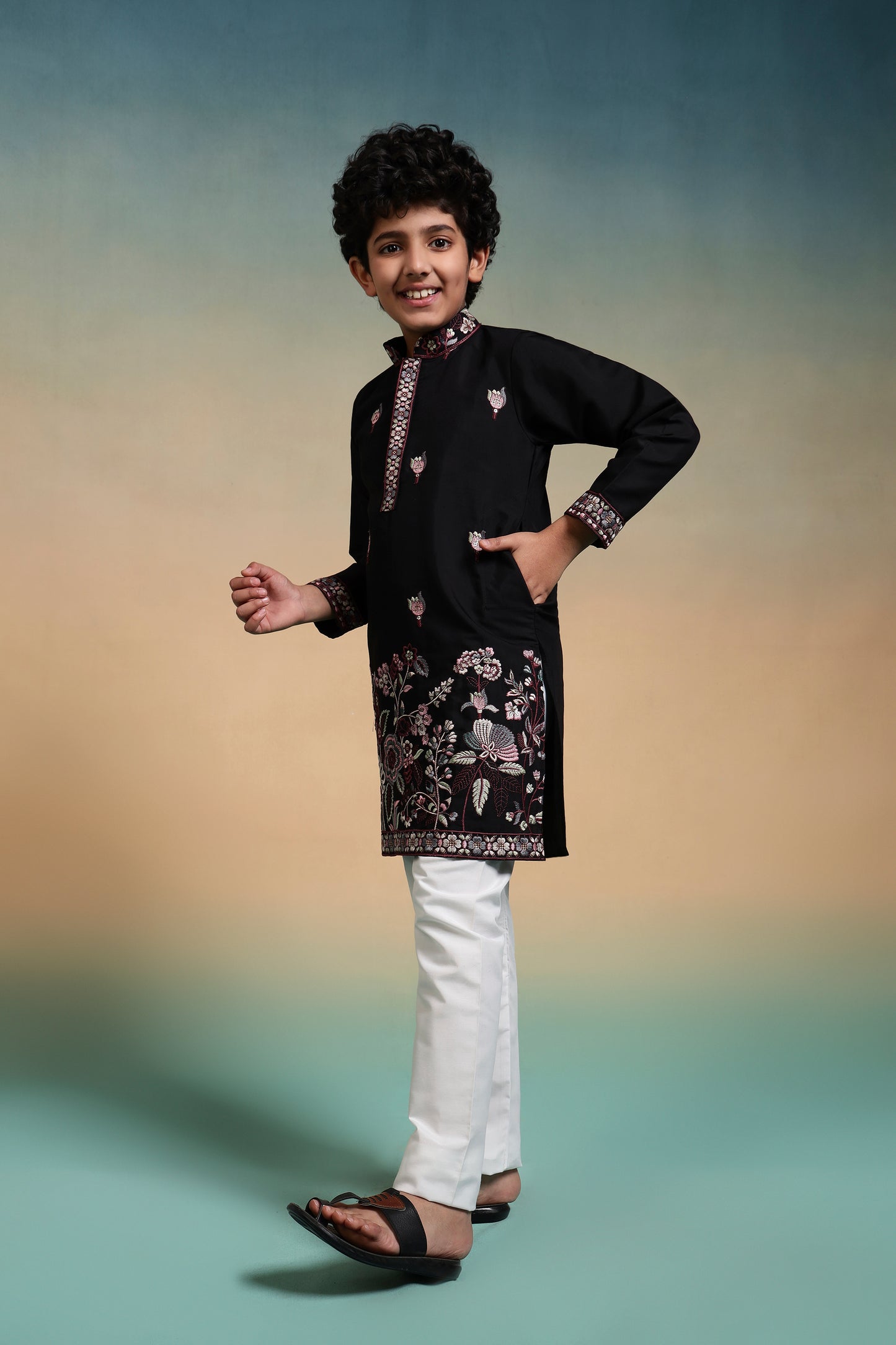 Elegant Black Embroidered Kurta Set for Boys