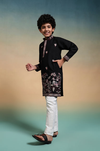 Elegant Black Embroidered Kurta Set for Boys