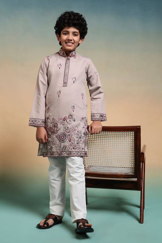 Elegant Beige Floral Embroidered Kids Kurta
