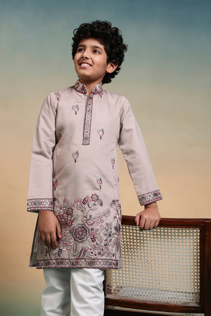 Elegant Beige Floral Embroidered Kids Kurta