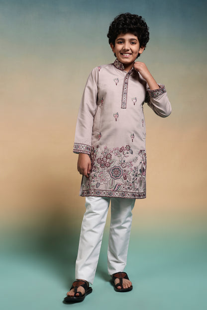 Elegant Beige Floral Embroidered Kids Kurta