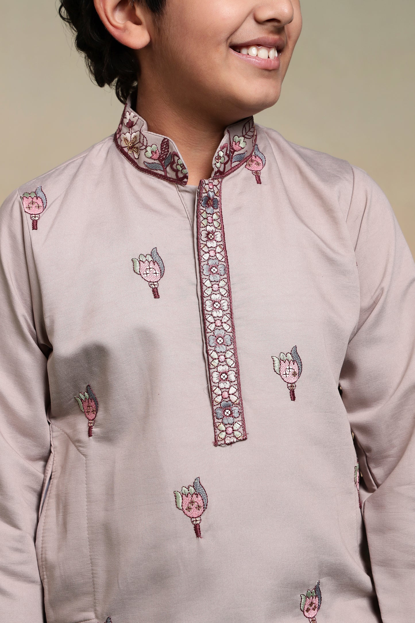 Elegant Beige Floral Embroidered Kids Kurta
