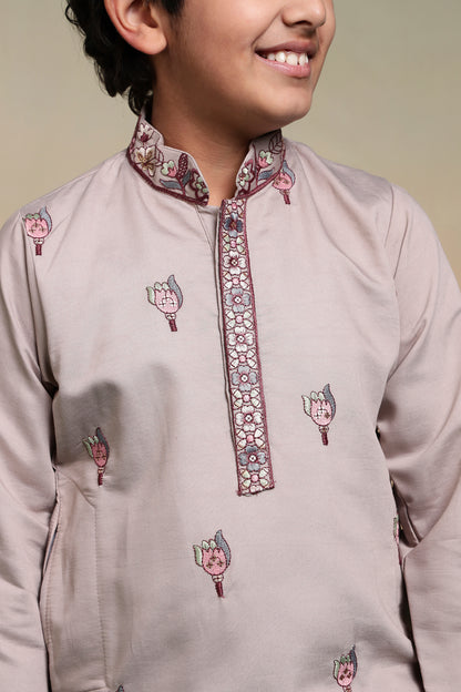 Elegant Beige Floral Embroidered Kids Kurta