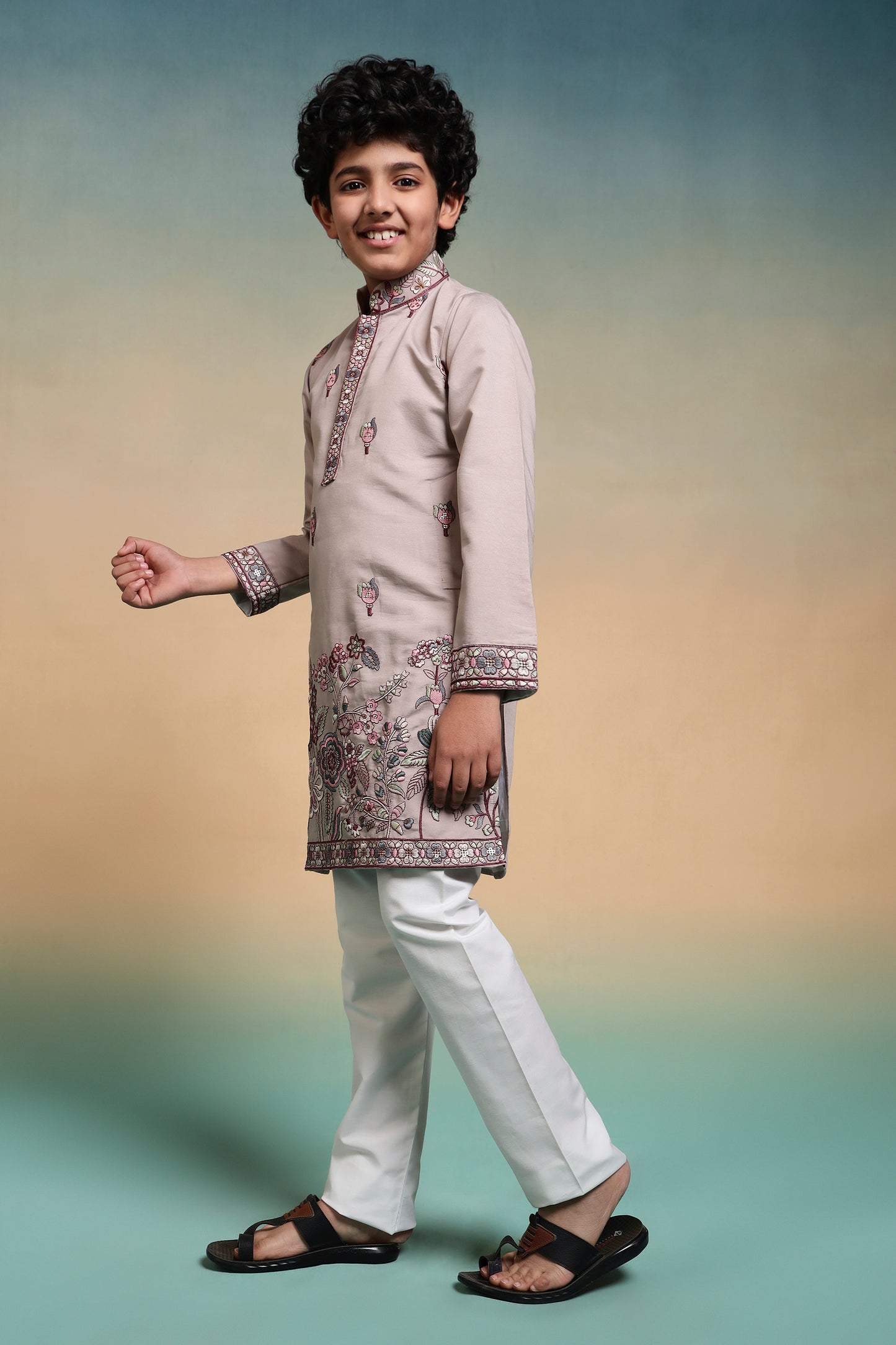Elegant Beige Floral Embroidered Kids Kurta