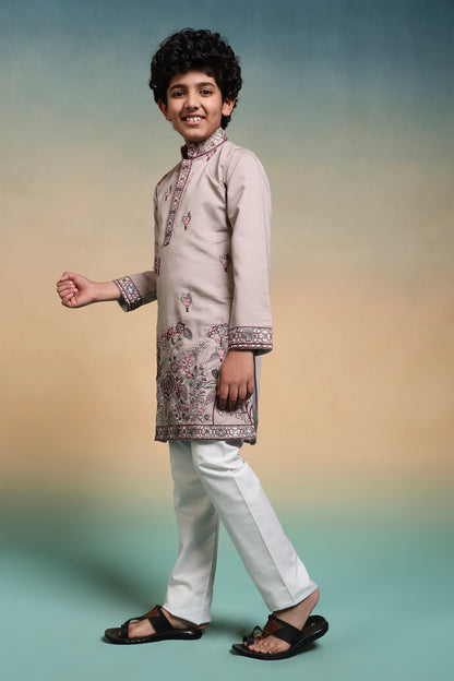 Elegant Beige Floral Embroidered Kids Kurta