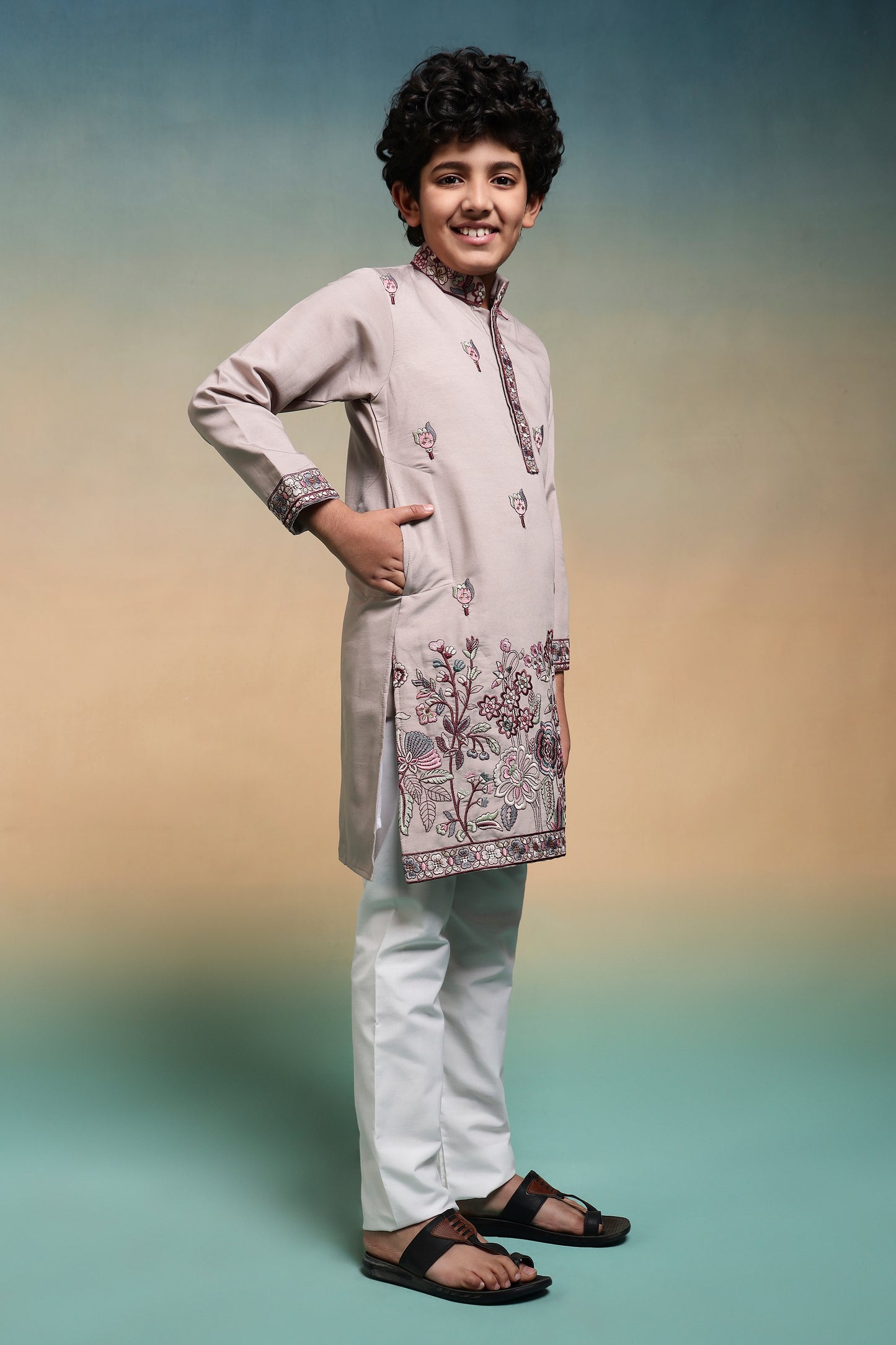 Elegant Beige Floral Embroidered Kids Kurta