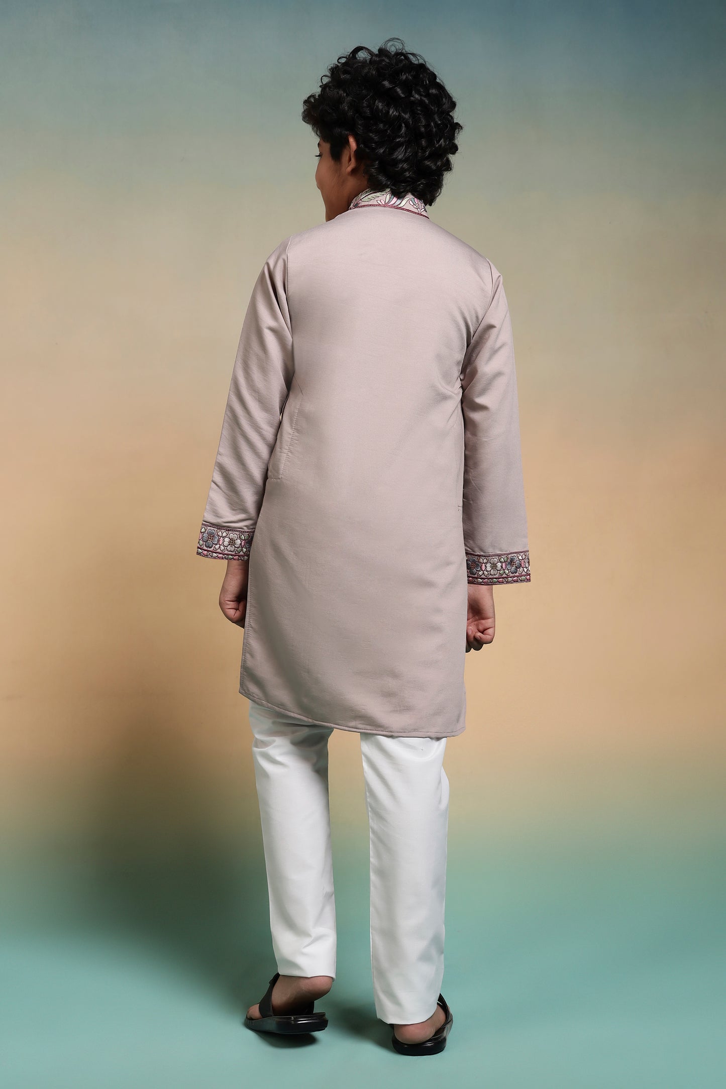 Elegant Beige Floral Embroidered Kids Kurta