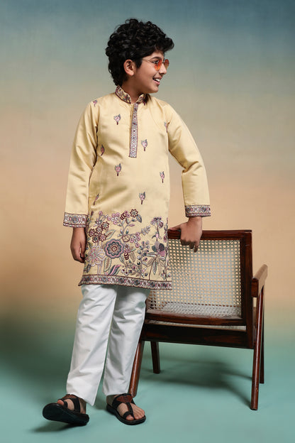 Mustard Floral Embroidered Kids Kurta Set