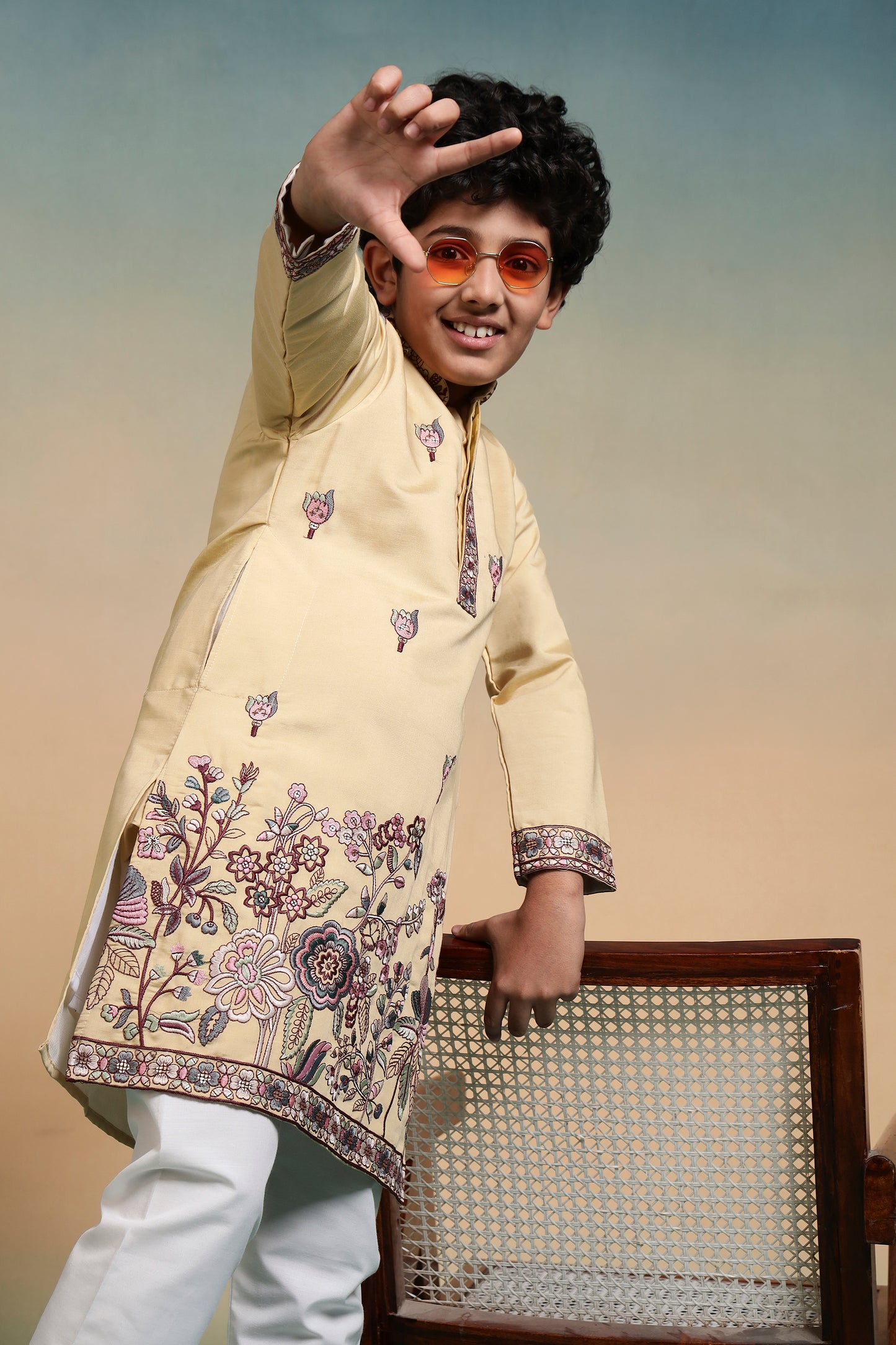 Mustard Floral Embroidered Kids Kurta Set