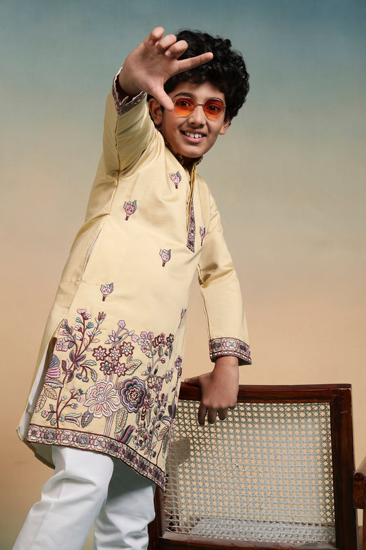 Mustard Floral Embroidered Kids Kurta Set