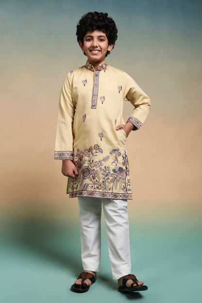 Mustard Floral Embroidered Kids Kurta Set