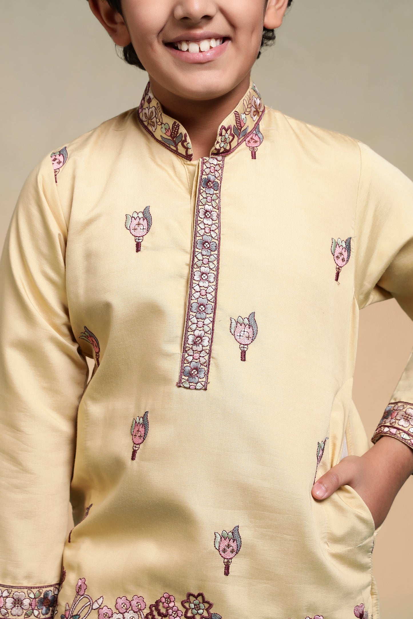 Mustard Floral Embroidered Kids Kurta Set