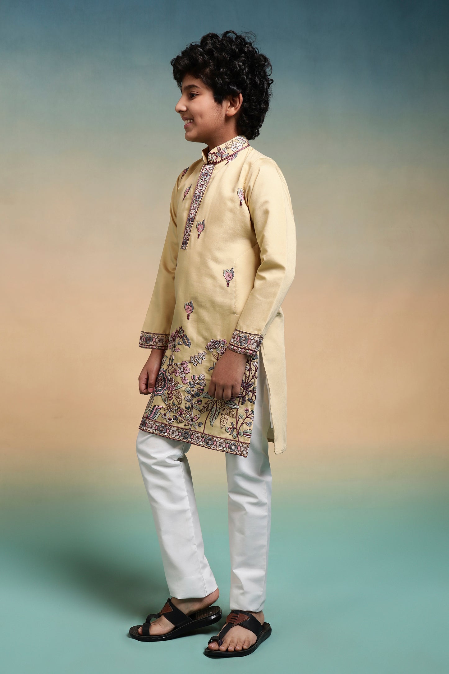 Mustard Floral Embroidered Kids Kurta Set