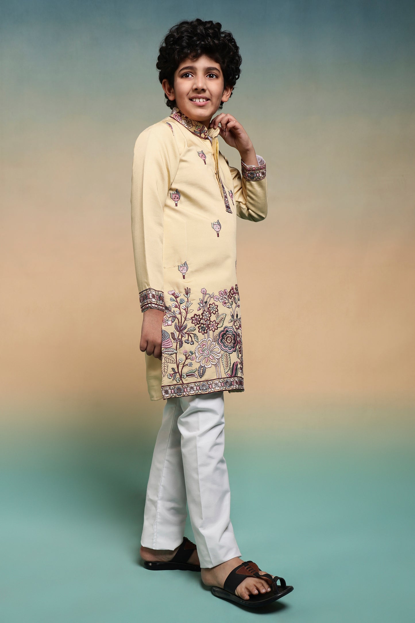 Mustard Floral Embroidered Kids Kurta Set