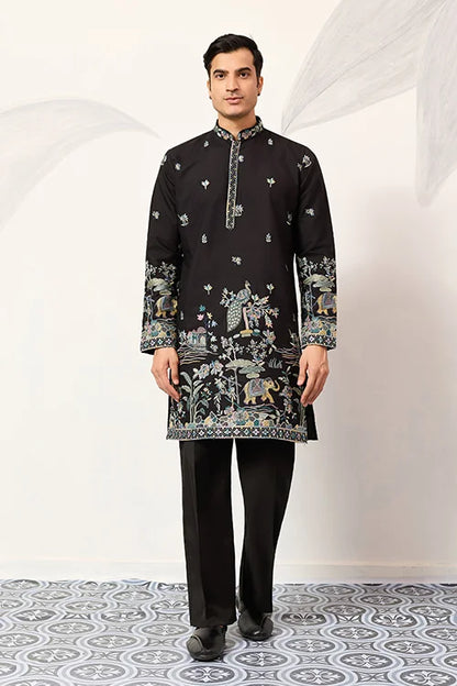 Midnight Heritage Black Embroidered Kurta with Peacock & Elephant Motifs