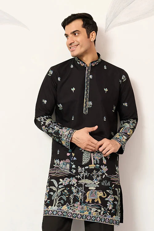 Midnight Heritage Black Embroidered Kurta with Peacock & Elephant Motifs