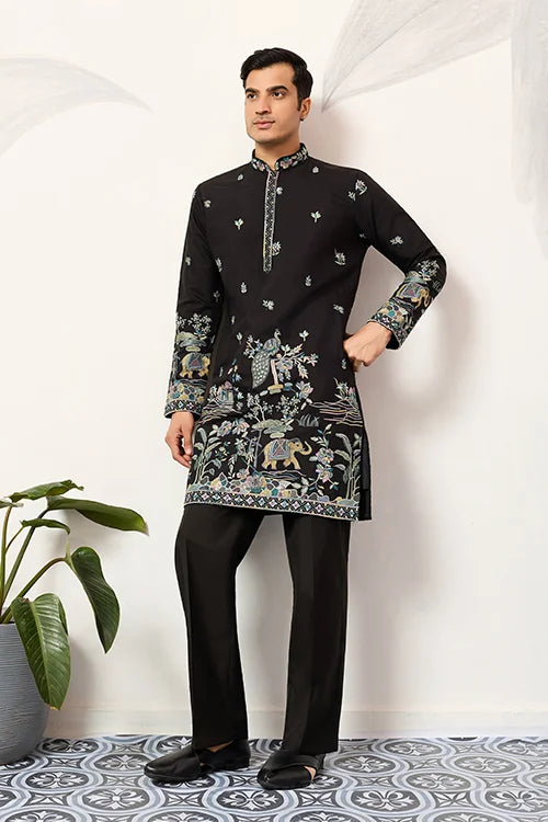 Midnight Heritage Black Embroidered Kurta with Peacock & Elephant Motifs