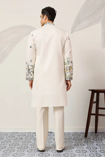 Ivory Embroidered Kurta with Peacock Motif