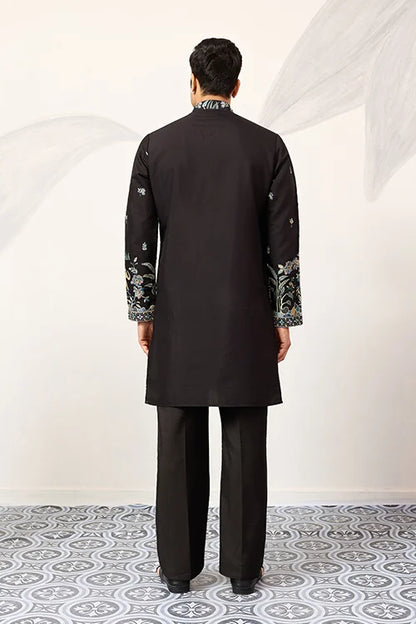 Midnight Heritage Black Embroidered Kurta with Peacock & Elephant Motifs