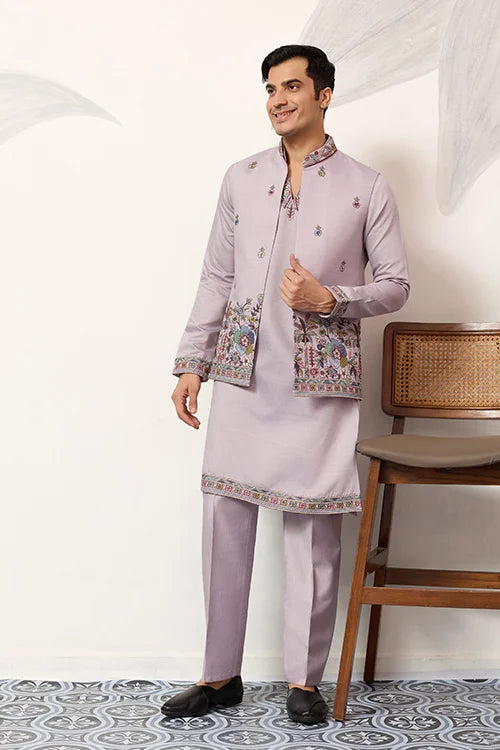 Men’s Pastel Lavender Embroidered Kurta Set with Designer Jacket