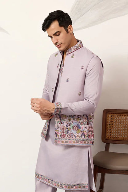 Men’s Pastel Lavender Embroidered Kurta Set with Designer Jacket