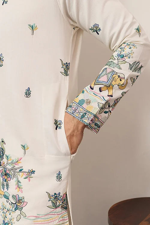 Ivory Embroidered Kurta with Peacock Motif