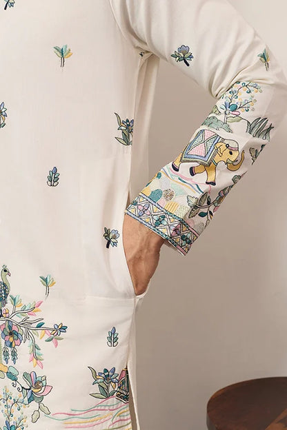 Ivory Embroidered Kurta with Peacock Motif