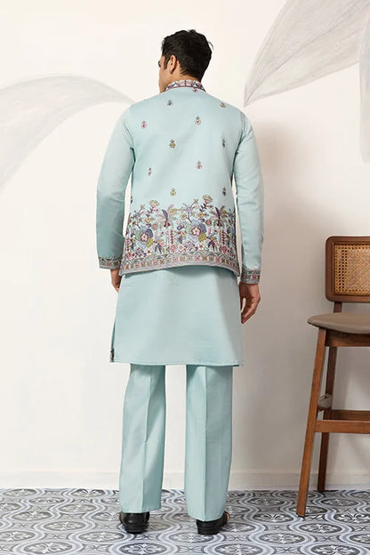Men’s Pastel Blue Embroidered Kurta Set with Floral Detailing