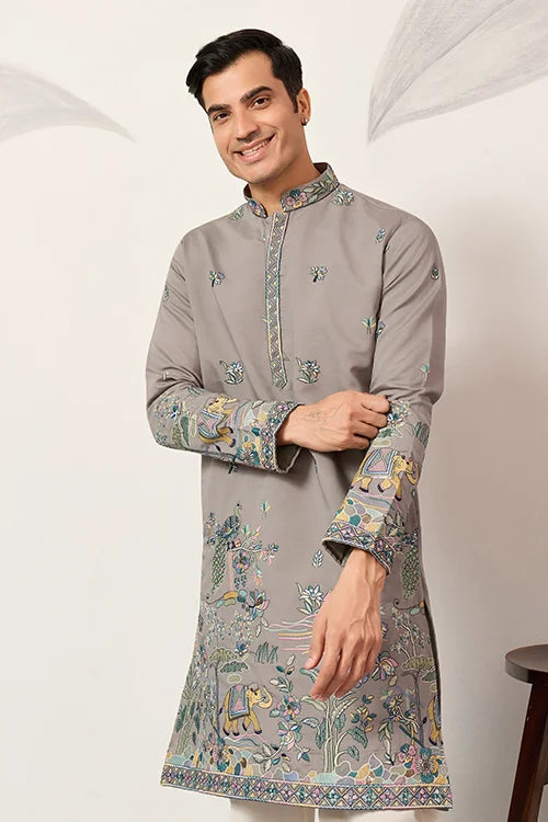 Gray Story Embroidered Kurta – Peacock & Elephant Heritage Motif