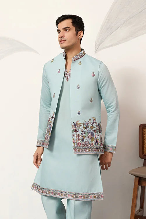 Men’s Pastel Blue Embroidered Kurta Set with Floral Detailing