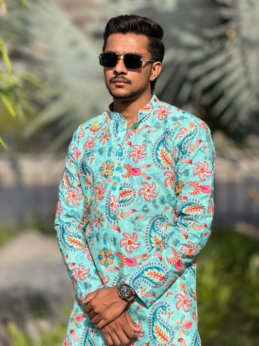 Aqua Blue Paisley Position Print Kurta for Men