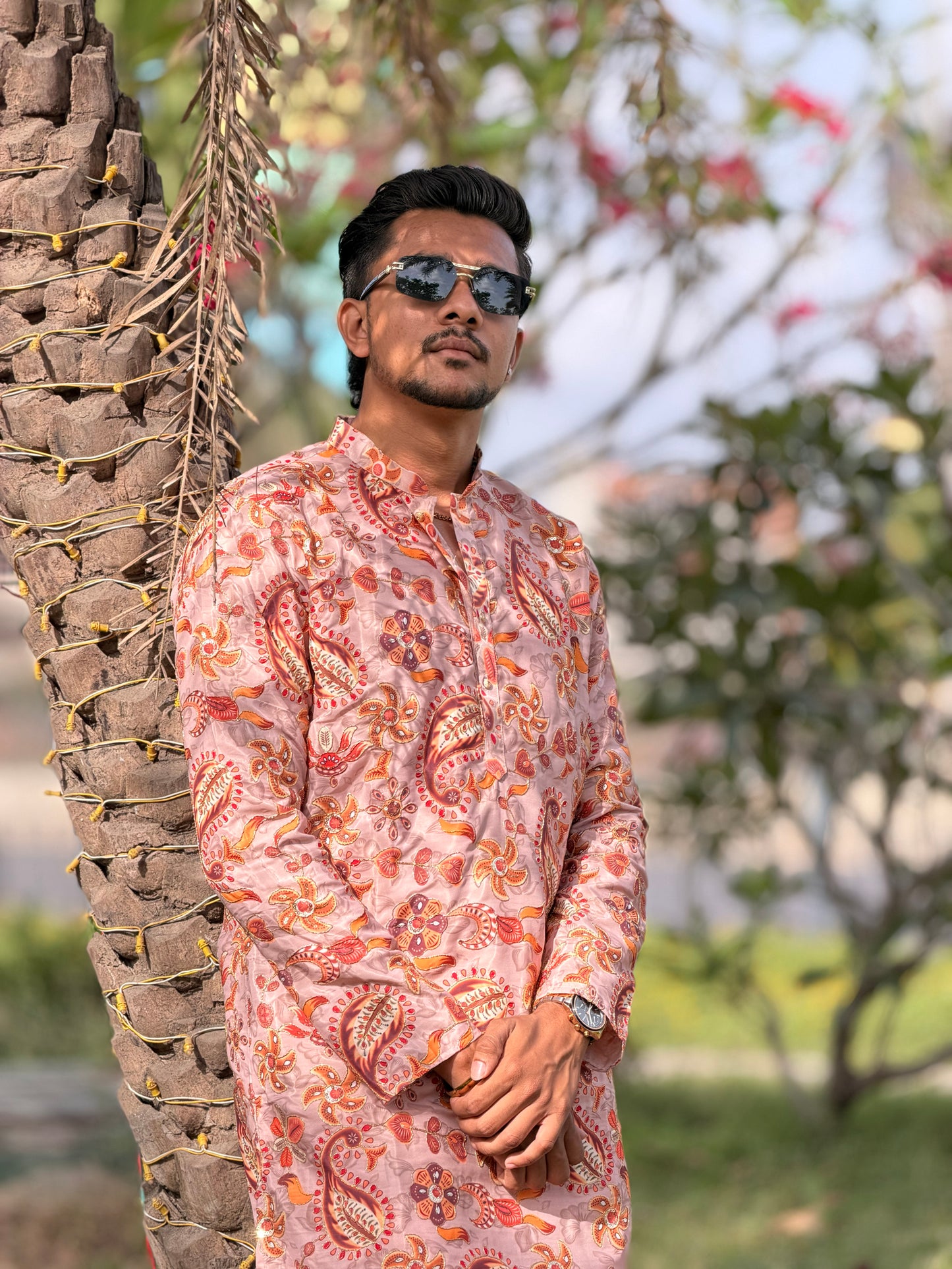 Peach Paisley Printed Premium Kurta for Men