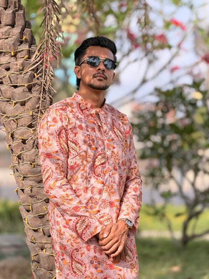 Peach Paisley Printed Premium Kurta for Men