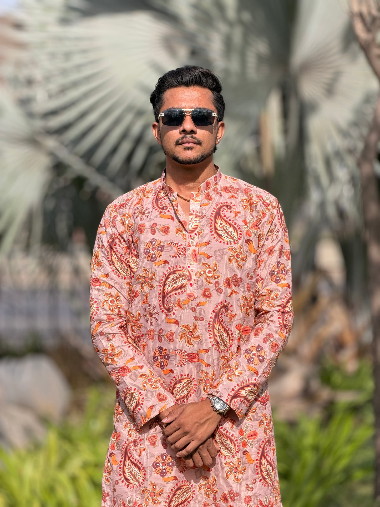 Peach Paisley Printed Premium Kurta for Men