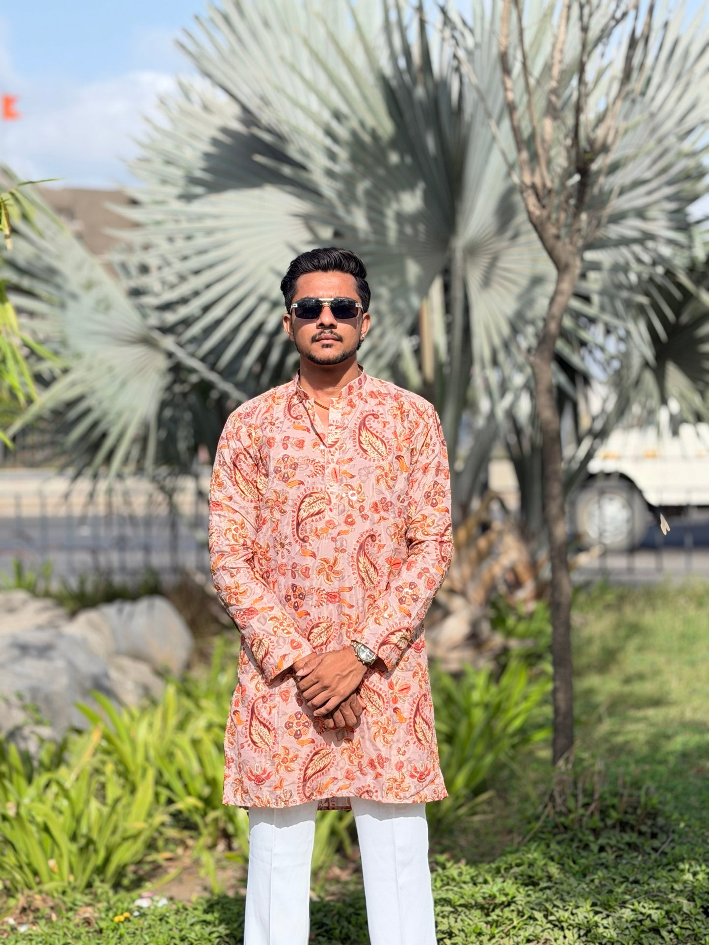 Peach Paisley Printed Premium Kurta for Men