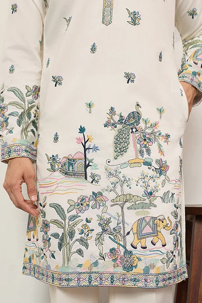 Ivory Embroidered Kurta with Peacock Motif