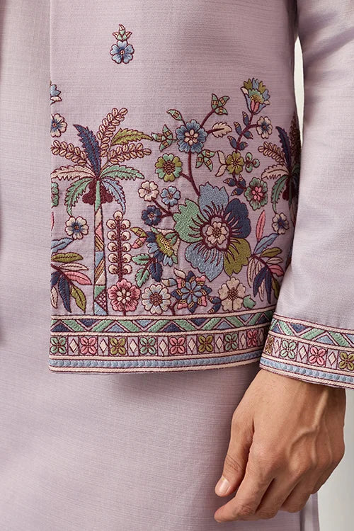Men’s Pastel Lavender Embroidered Kurta Set with Designer Jacket