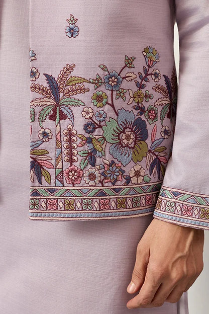Men’s Pastel Lavender Embroidered Kurta Set with Designer Jacket