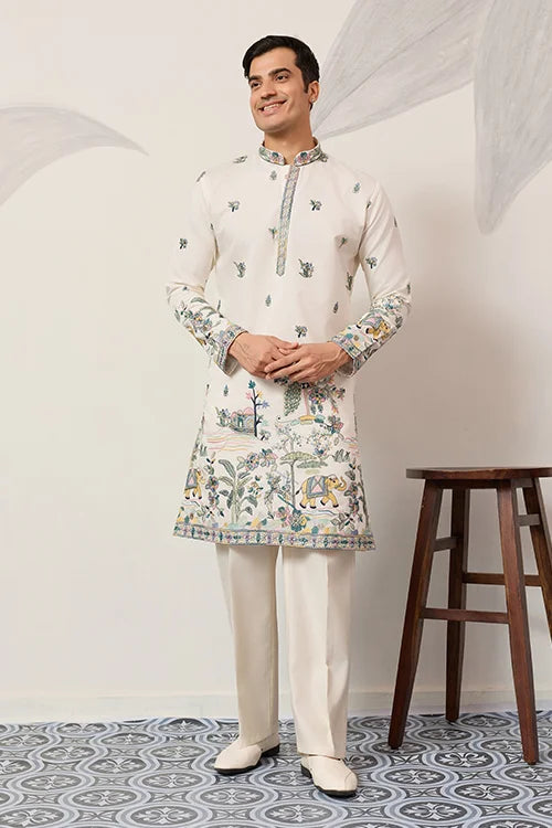 Ivory Embroidered Kurta with Peacock Motif