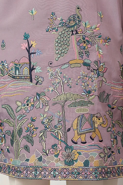 Lavender Embroidered Kurta with Peacock & Elephant Motif