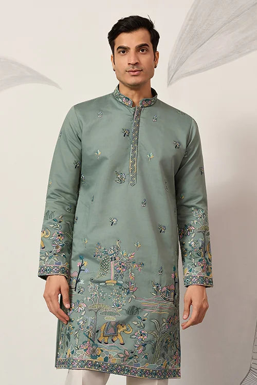 Pista Embroidered Kurta with Peacock & Elephant Motif
