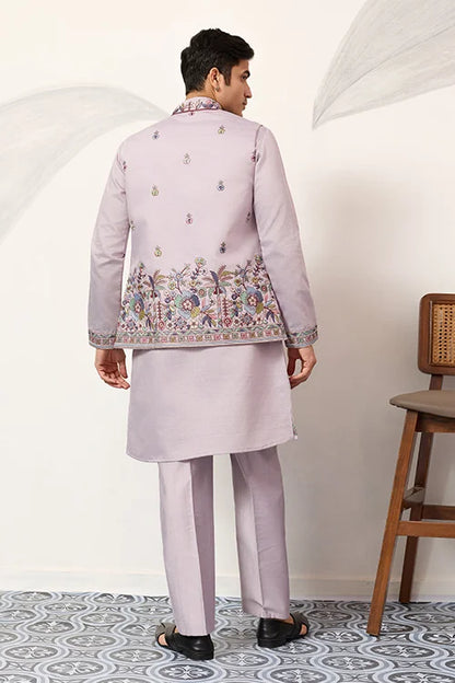 Men’s Pastel Lavender Embroidered Kurta Set with Designer Jacket