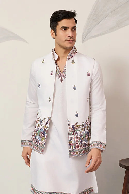 Men’s Ivory White Embroidered Kurta Set with Designer Jacket