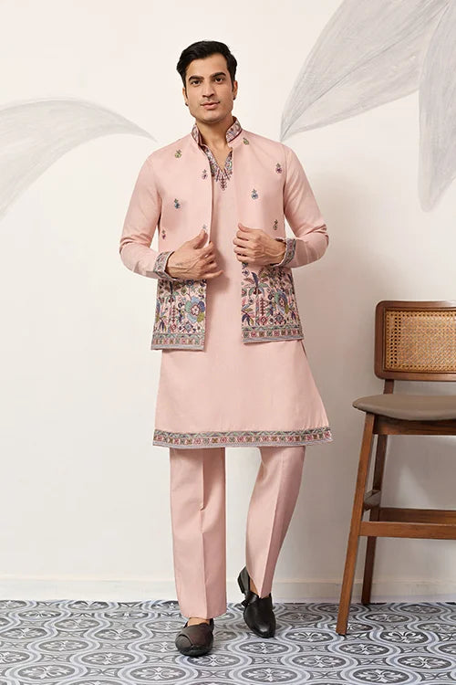 Men’s Pastel Blue Embroidered Kurta Set with Floral Detailing
