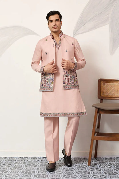 Men’s Pastel Blue Embroidered Kurta Set with Floral Detailing