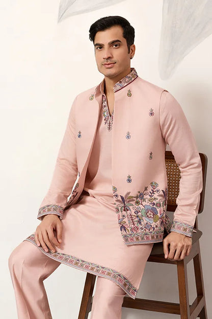 Men’s Pastel Blue Embroidered Kurta Set with Floral Detailing