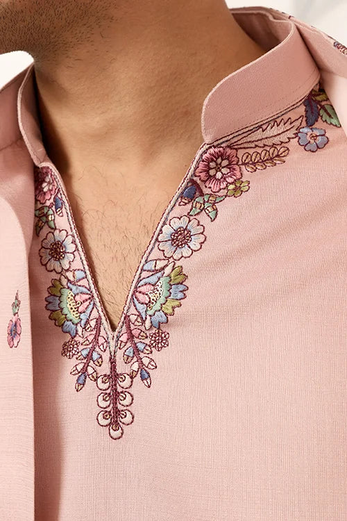 Men’s Pastel Blue Embroidered Kurta Set with Floral Detailing