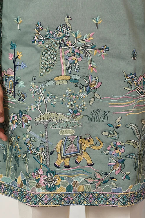 Pista Embroidered Kurta with Peacock & Elephant Motif