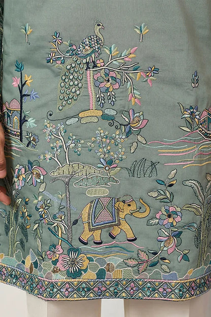 Pista Embroidered Kurta with Peacock & Elephant Motif