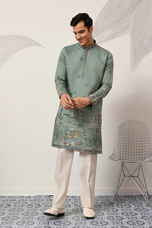 Pista Embroidered Kurta with Peacock & Elephant Motif